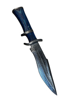 Damascus Hunting/Survival Knife - Genuine Leather Sheath - Blue Wood Carved Handle - 9" Inch Blade