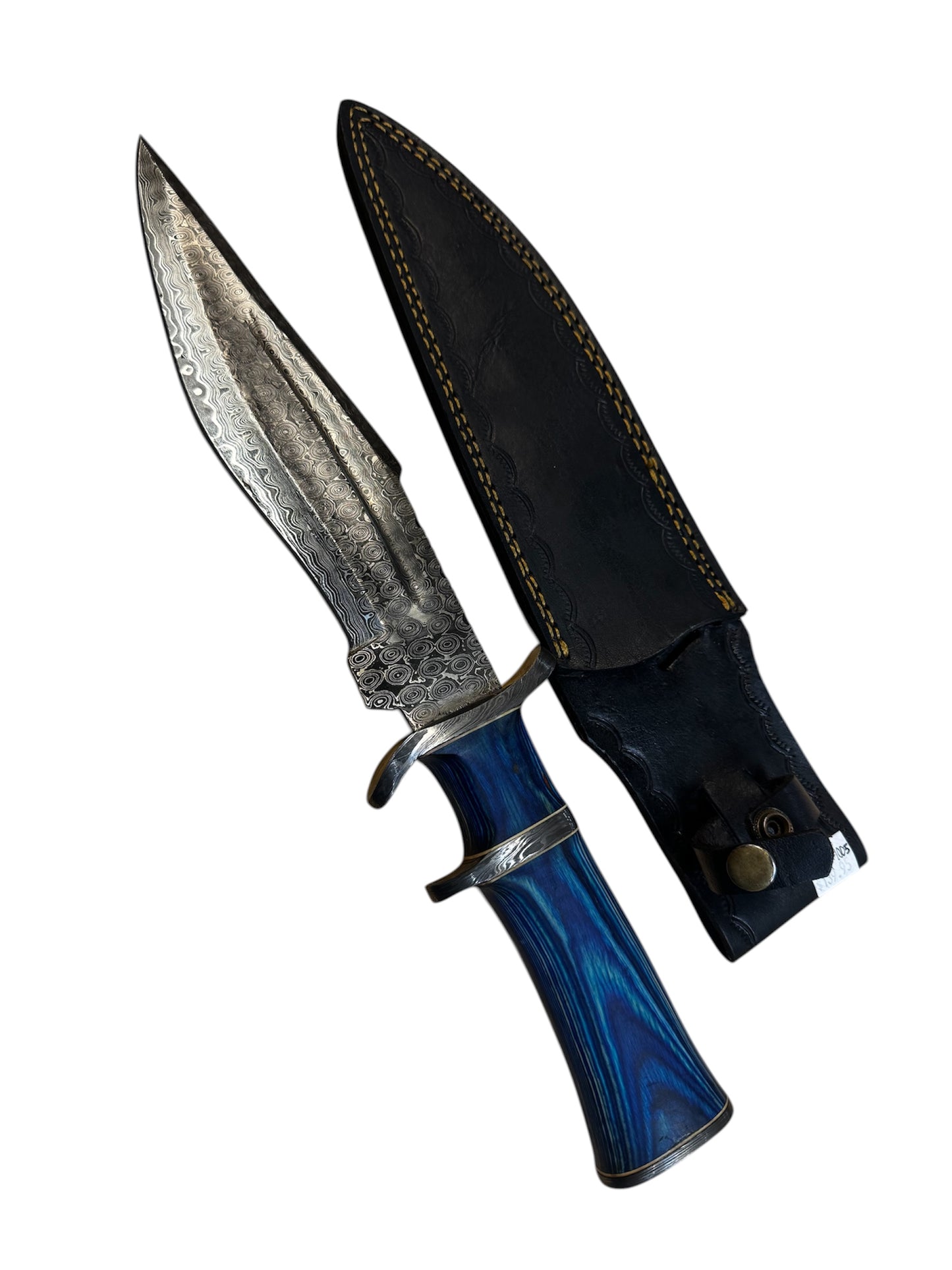 Damascus Hunting/Survival Knife - Genuine Leather Sheath - Blue Wood Carved Handle - 9" Inch Blade