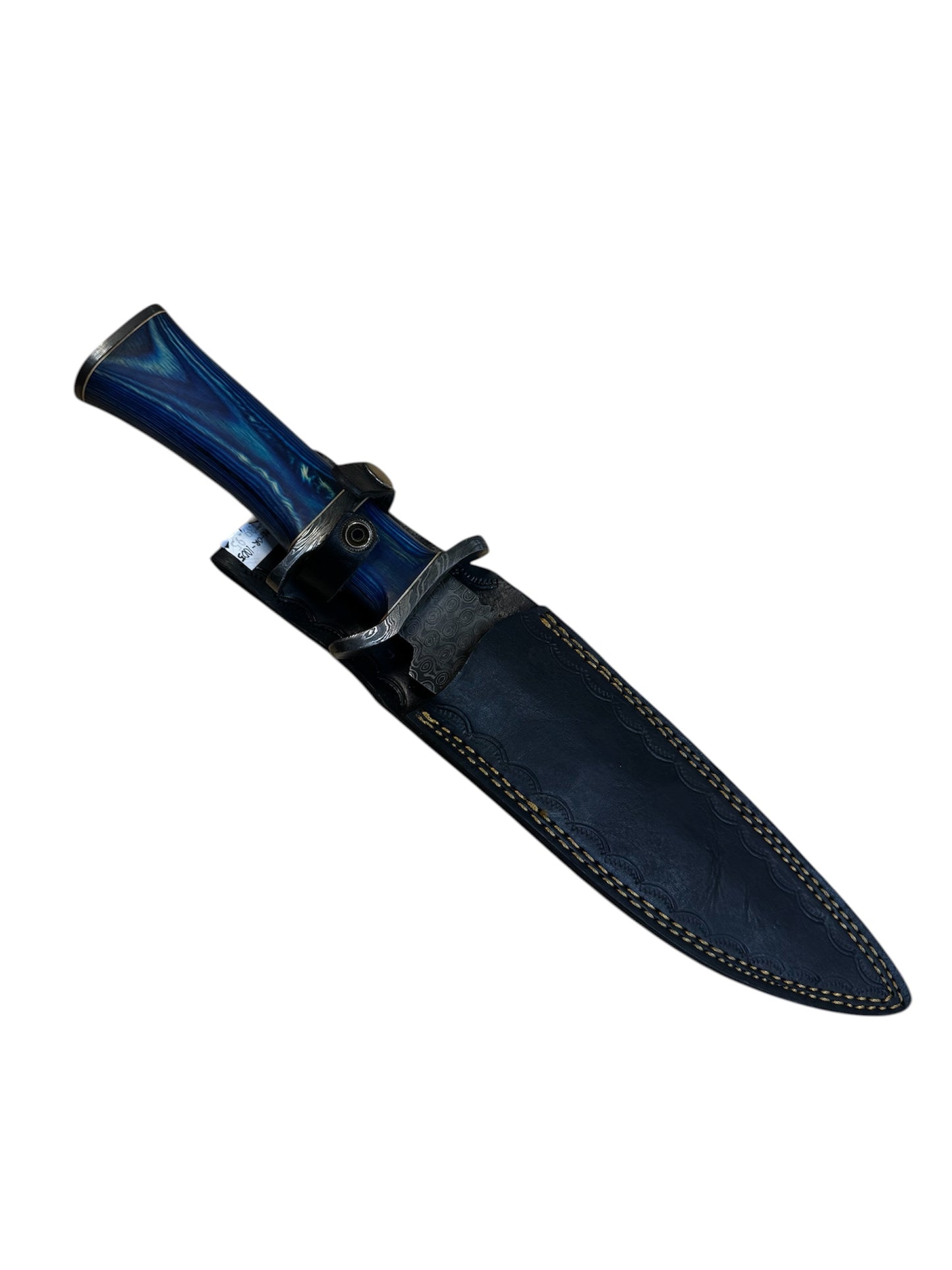 Damascus Hunting/Survival Knife - Genuine Leather Sheath - Blue Wood Carved Handle - 9" Inch Blade
