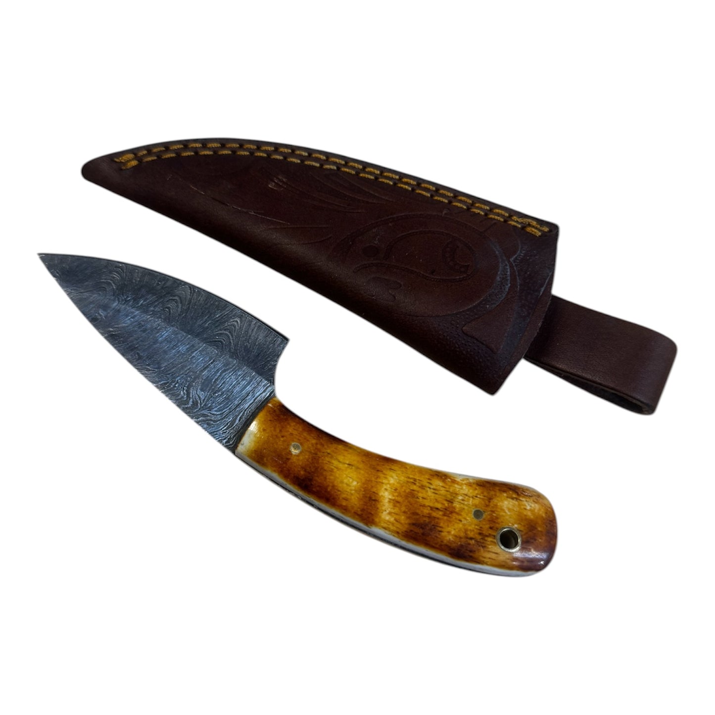 Damascus Survival Knife - Genuine Leather Sheath - Bone Carved Handle - 3.5" Inch Blade