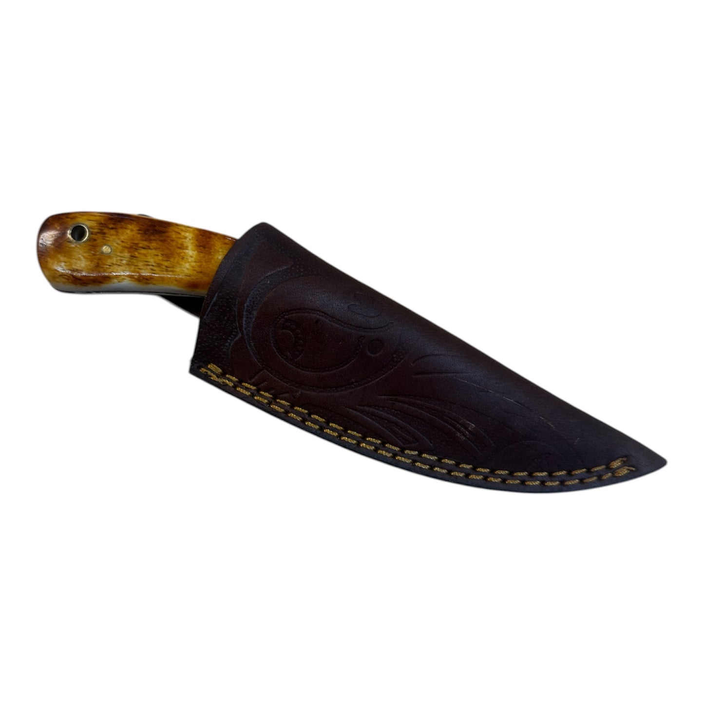 Damascus Survival Knife - Genuine Leather Sheath - Bone Carved Handle - 3.5" Inch Blade