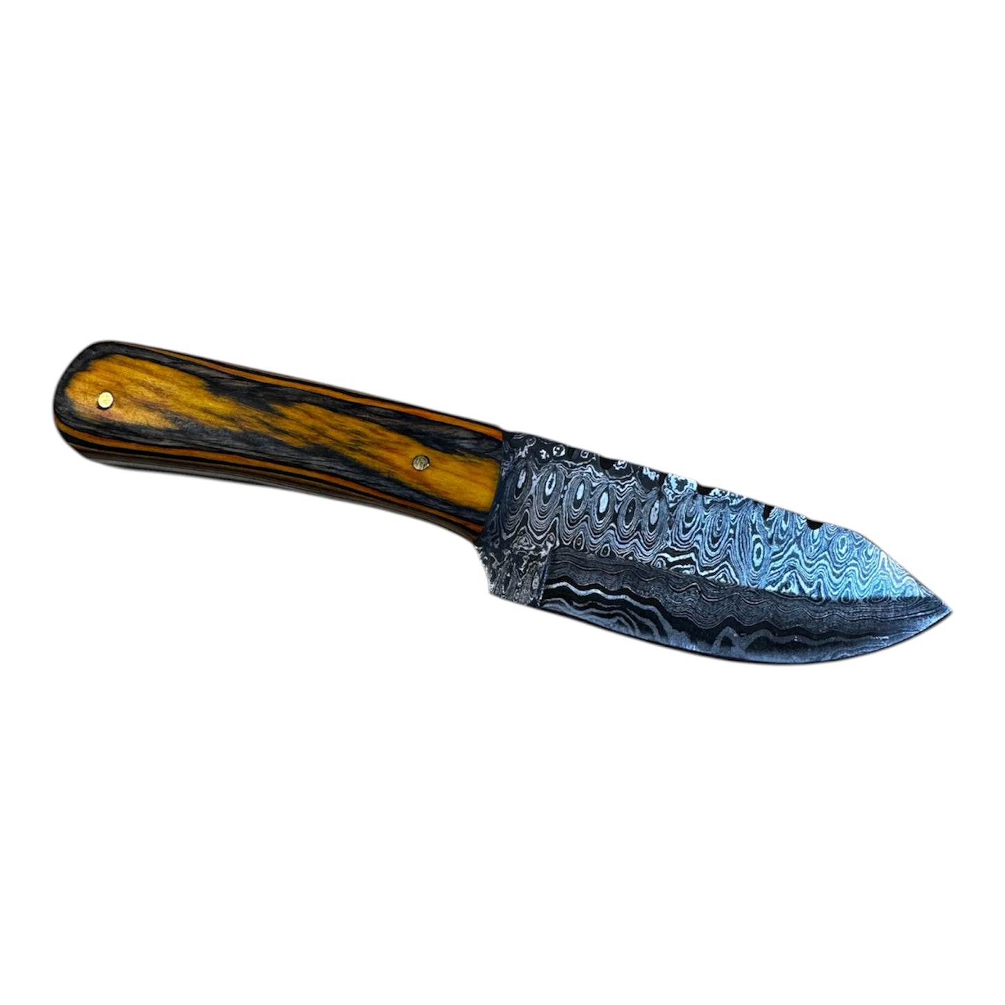 Damascus Survival Knife - Genuine Leather Sheath - Wood Carved Handle - 3.5" Inch Blade