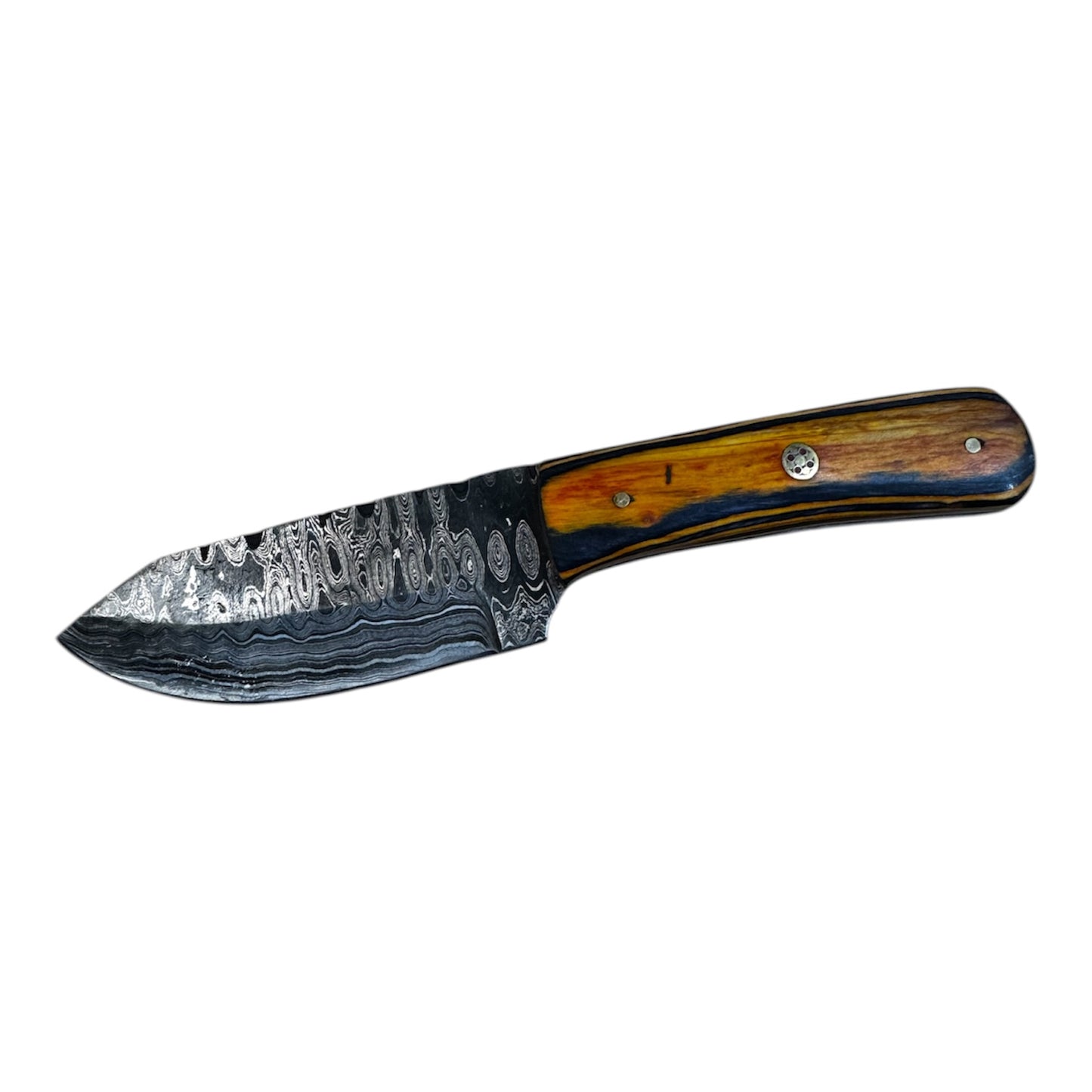 Damascus Survival Knife - Genuine Leather Sheath - Wood Carved Handle - 3.5" Inch Blade