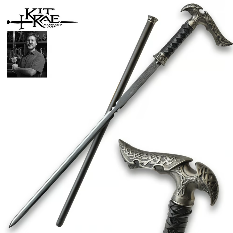 Kit Rae Black Axios Sword Cane - 1045 Carbon Steel Blade, Leather-Wrapped Grip, Wooden Shaft, Hard Rubber Toe