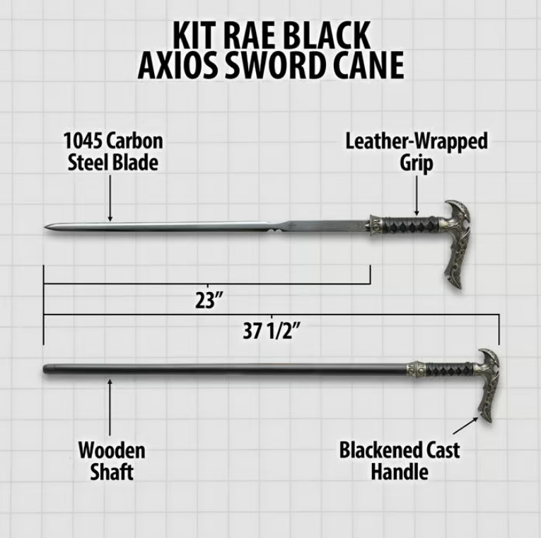 Kit Rae Black Axios Sword Cane - 1045 Carbon Steel Blade, Leather-Wrapped Grip, Wooden Shaft, Hard Rubber Toe