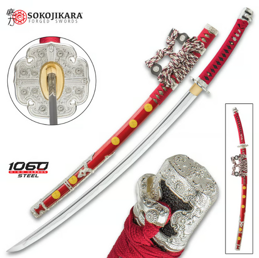 Sokojikara Senzo Handmade Tachi / Samurai Sword - 1060 Carbon Steel, Clay Tempered, Hand Forged, Genuine Rayskin - Red Tachi-Style Saya - Fully Functional, Battle Ready - Full Tang