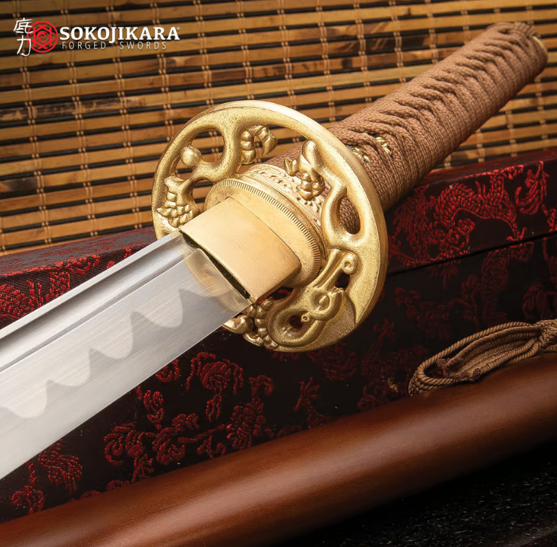 Sokojikara Dragon Wood Hand-Forged Katana - T10 High Carbon Steel Clay Tempered Blade, Genuine Ray Skin, Brass Tsuba And Pommel - Length 40 1/2”