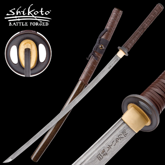 Shikoto Rurousha Forged Katana- Damascus Steel - Leather Wrapped - Patina Tusba