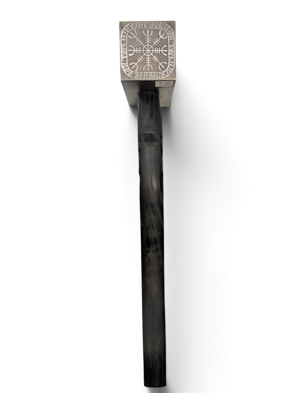 End face of the Dwarven hammer head engraved with a Vegvisir Helm of Awe compass and runic ring, on a dark ashwood handle