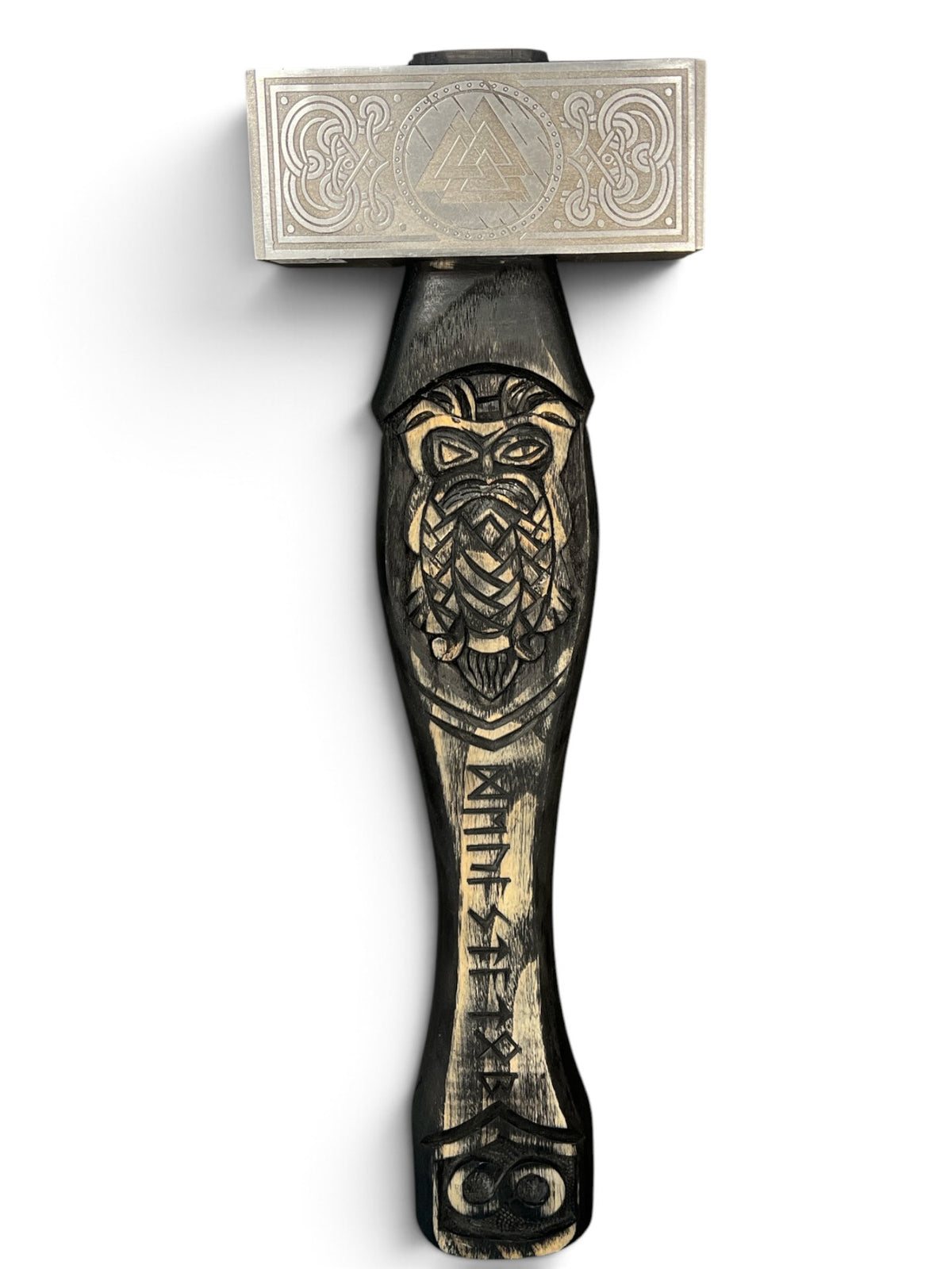 Dwarven hammer with Valknut engraved steel head and hand carved ashwood handle showing a bearded Norse face and rune column