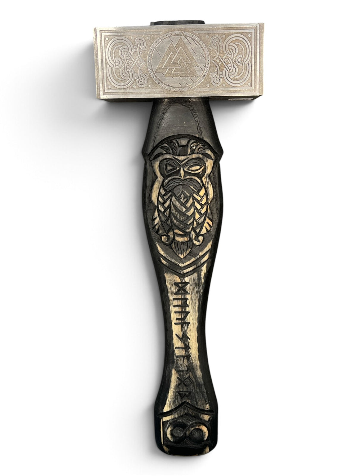 Hand carved Dwarven hammer front view: engraved steel head with Valknut and knotwork above a dark ashwood handle carved with a bearded Norse face and runes