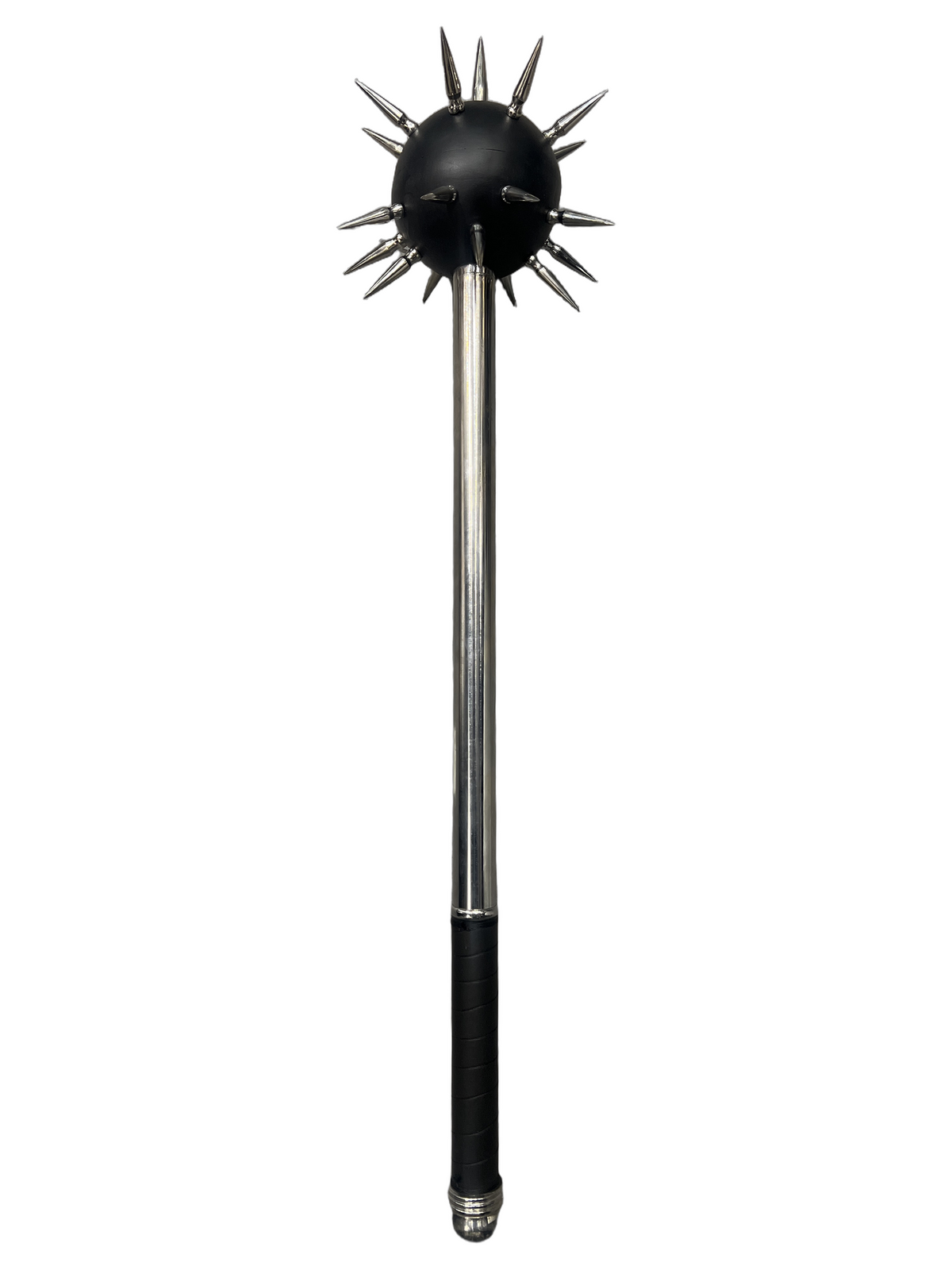 Medieval mace historical replica: black spherical head with polished 440 stainless steel spikes, polished steel shaft, black wrapped grip and steel pommel cap, upright on white background