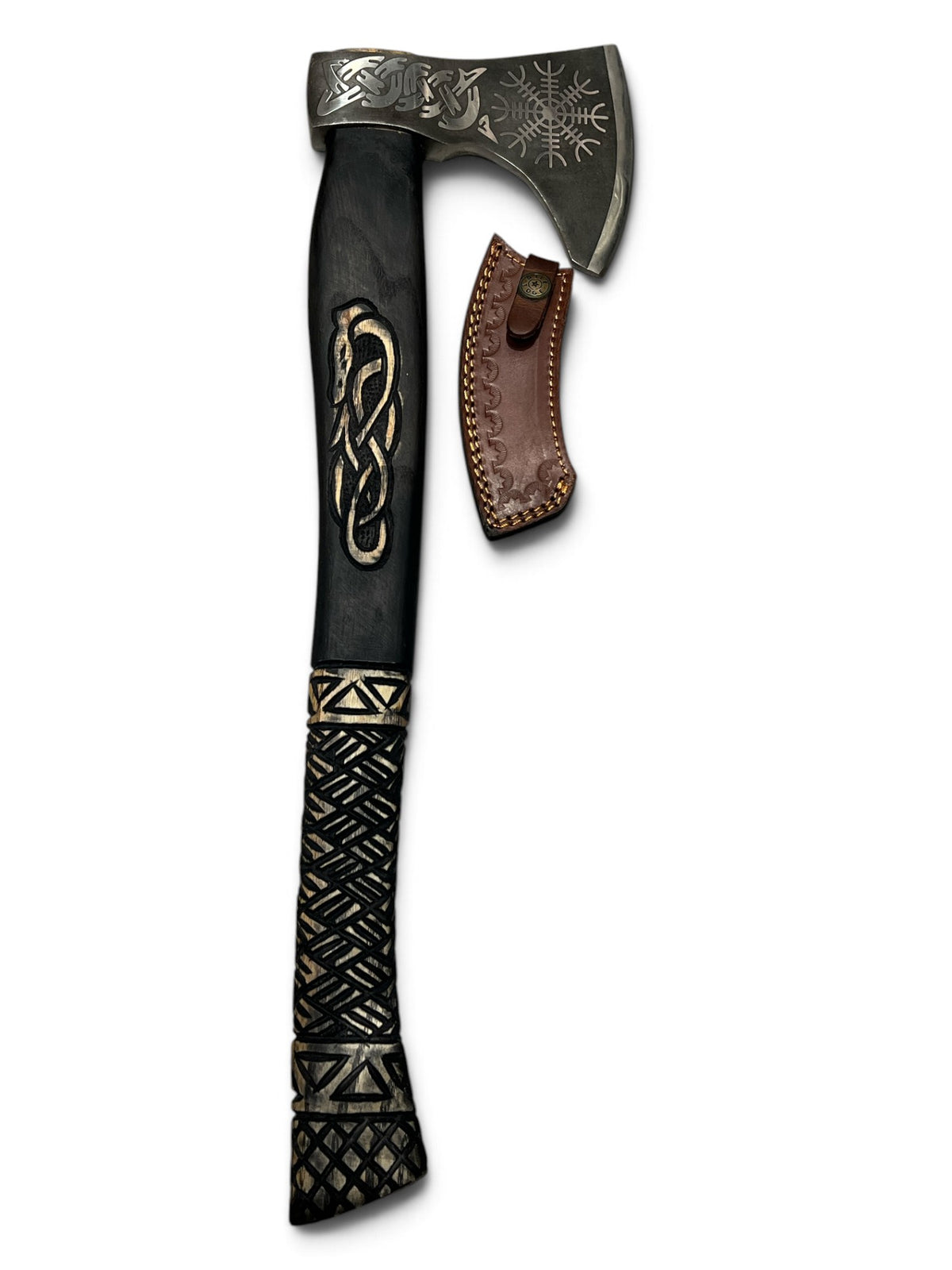 Viking axe alternate view showing the engraved Vegvisir blade, serpent and knot carved ashwood handle, carved diamond-lattice and triangle grip, and a leather sheath beside it