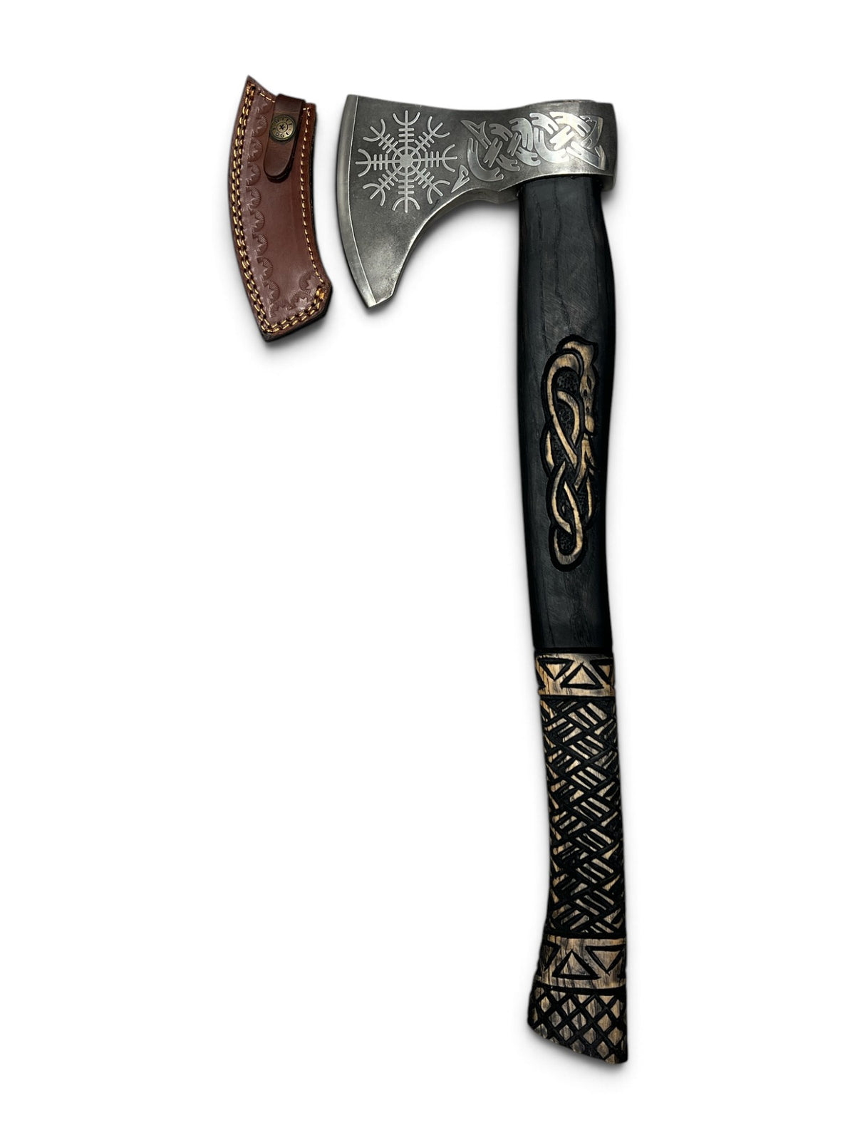 Hand carved Viking axe front view: etched steel head with a Vegvisir Helm of Awe on the blade and knotwork on top, dark ashwood handle carved with a serpent and knot design, shown with a brown stitched leather sheath